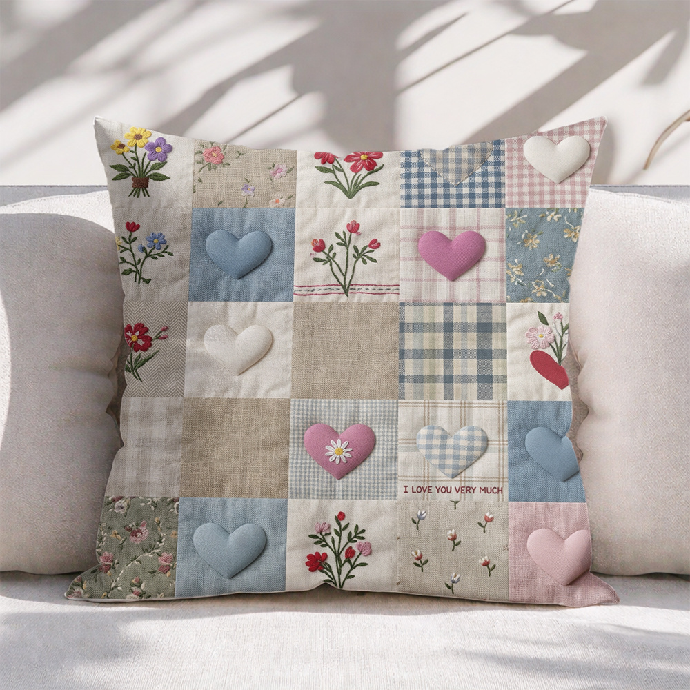 TEMU 1 Vintage-style Rustic Cottage Double-sided Velvet Pillowcase With -heart Floral Grid Pattern, A | Polyester Material, Zipper Closure, Suitable