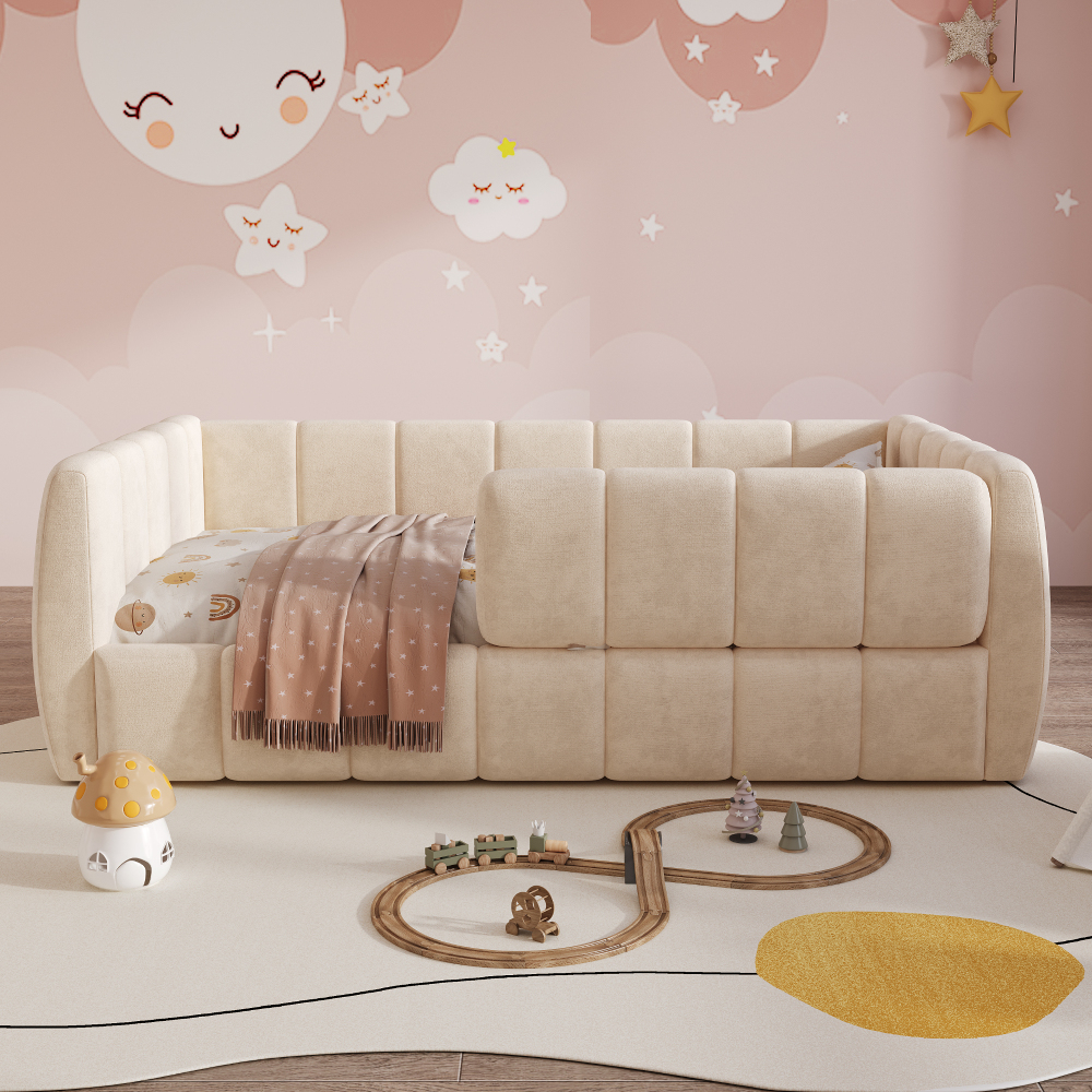 Upholstered Floor Daybed with Removable Guardrails, Compatible with Standard US Mattresses, Safety Bed with High Headboard And Footboard, Beige