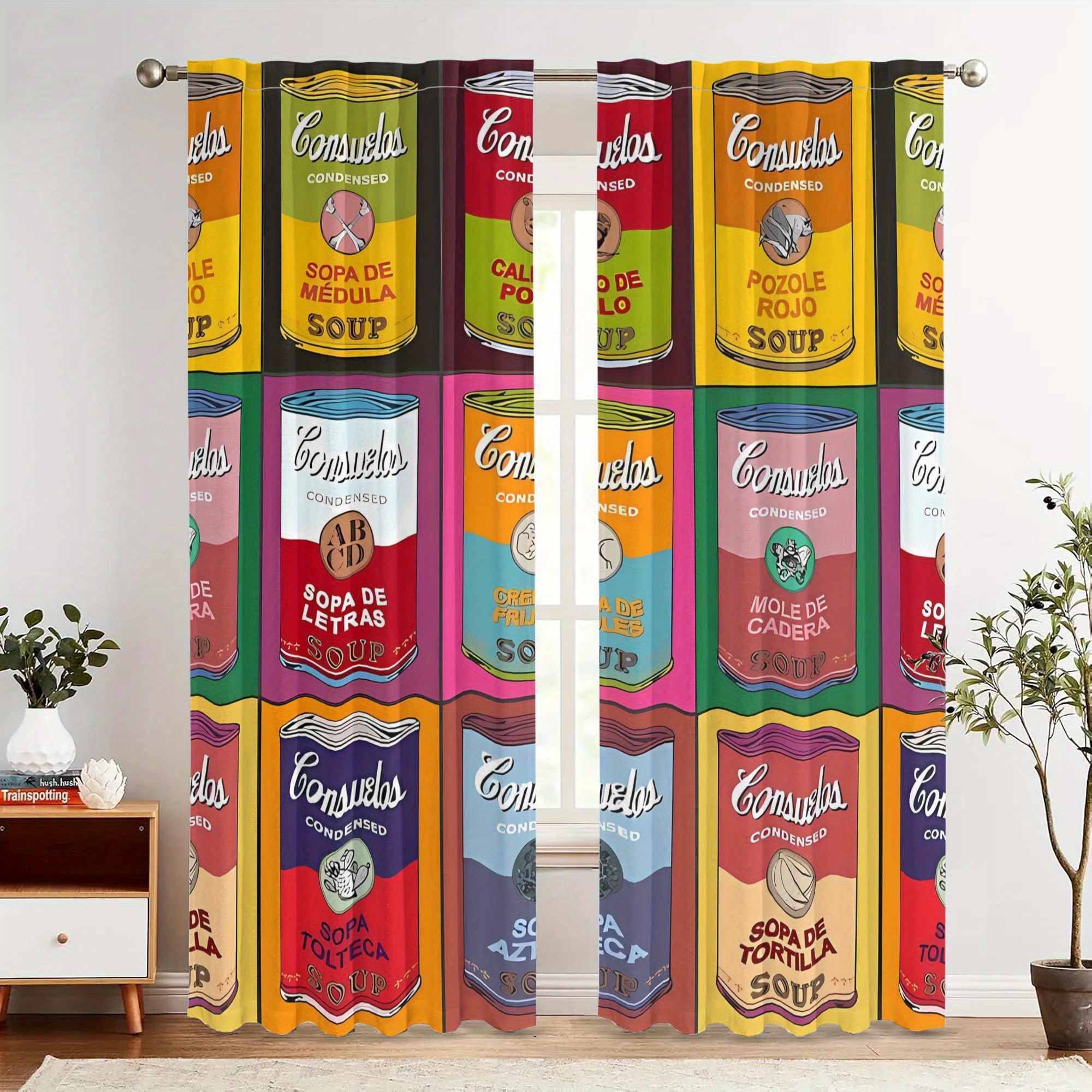 TEMU Biihudu Vintage Canned Soup Print Blackout Curtains - 100% Polyester Machine Washable Rod Pocket Curtains With Eyelets For Living Room, Kitchen,