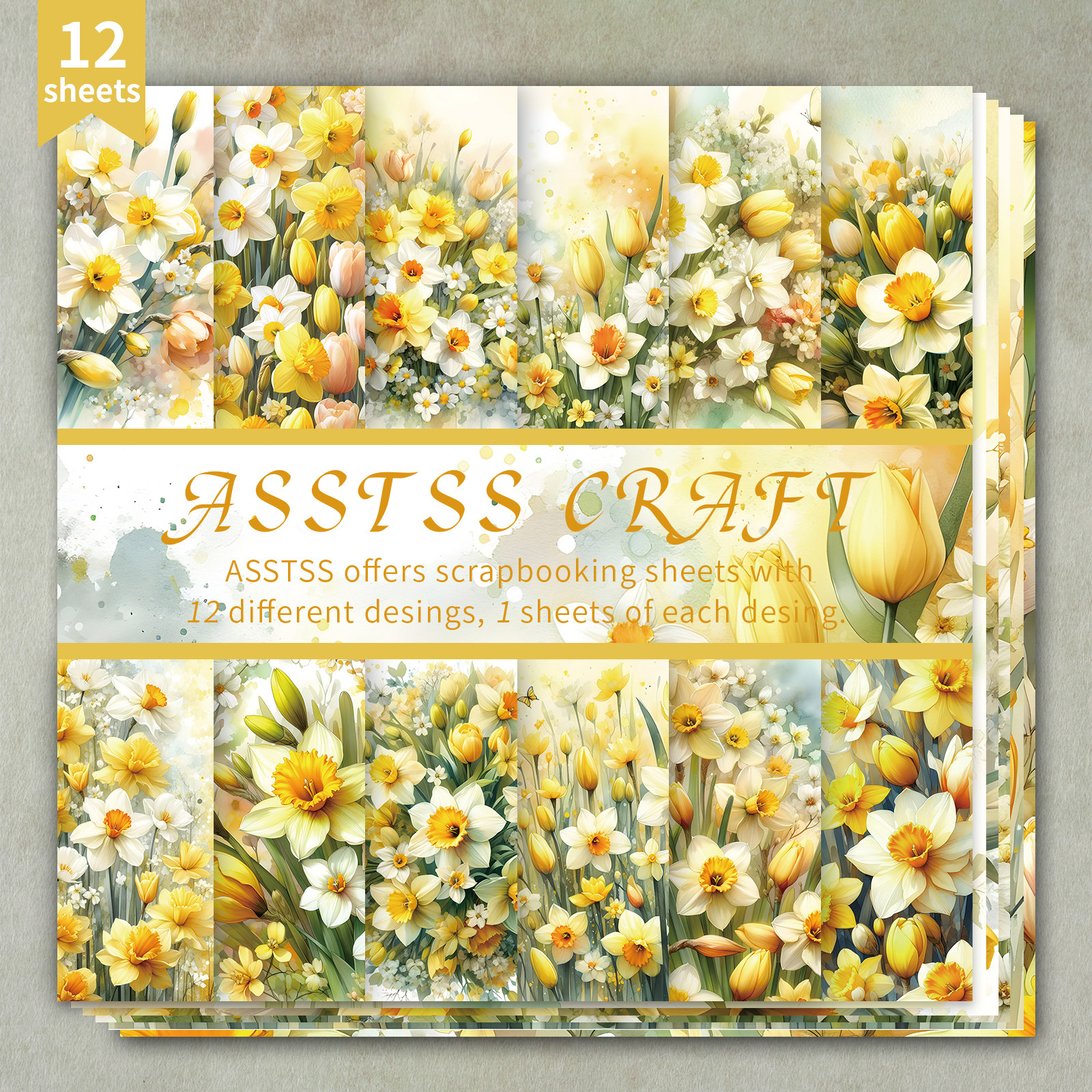 TEMU 12-sheet Asstss Scrapbooking Paper Pad, Spring Floral Watercolor Backing Paper Supplies, Heavyweight Cardstock For Journaling, Collage Art,