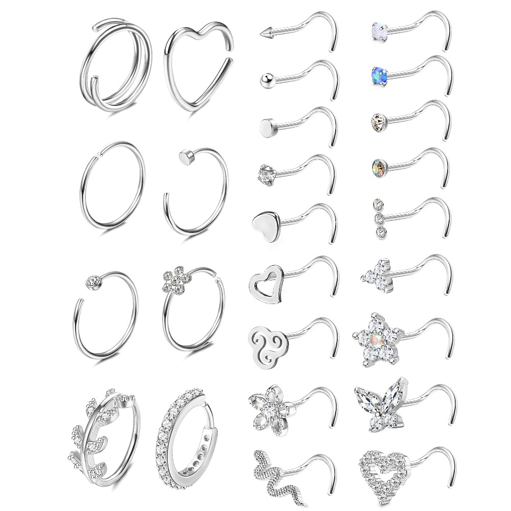 26pcs 20g Nose Ring Nose Stud Surgical Steel Nose Piercings Set Cz Shiny Septum Piercing Snake Nose Studs Piercing Nose Rings Golden Silvery Nose Piercings Jewelry For Women Men