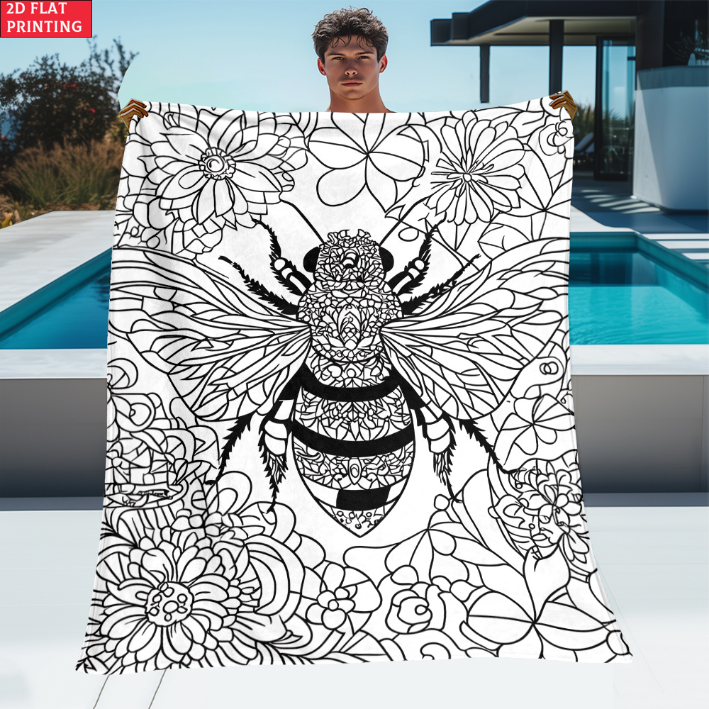 TEMU 2d Flat 1pc Flower Bee Coloring Pattern Outdoor Portable Blanket-lightweight Home Furnishings Bedding Blanket Suitable For Travel Camping Living