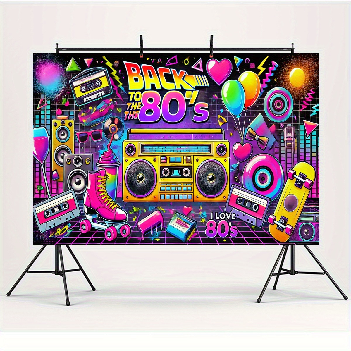 TEMU 1pc Retro 80s Themed Birthday Backdrop Banner, Durable Polyester Wall Hanging, Party Decoration Photo Studio Props, Universal Holiday Wall