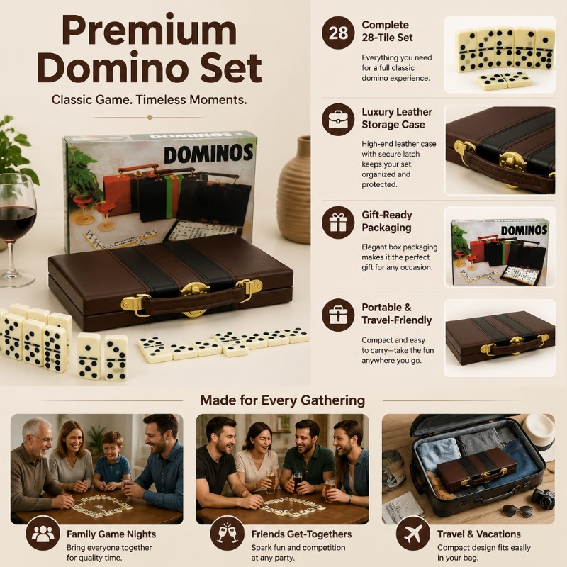 Image of Of 28pcs Dominoes Set With Premium Brown Case, Professional Ivory Tiles With Spinners, Classic Board Game For Adults, Portable Travel Game Set For Birthday Holiday Gift