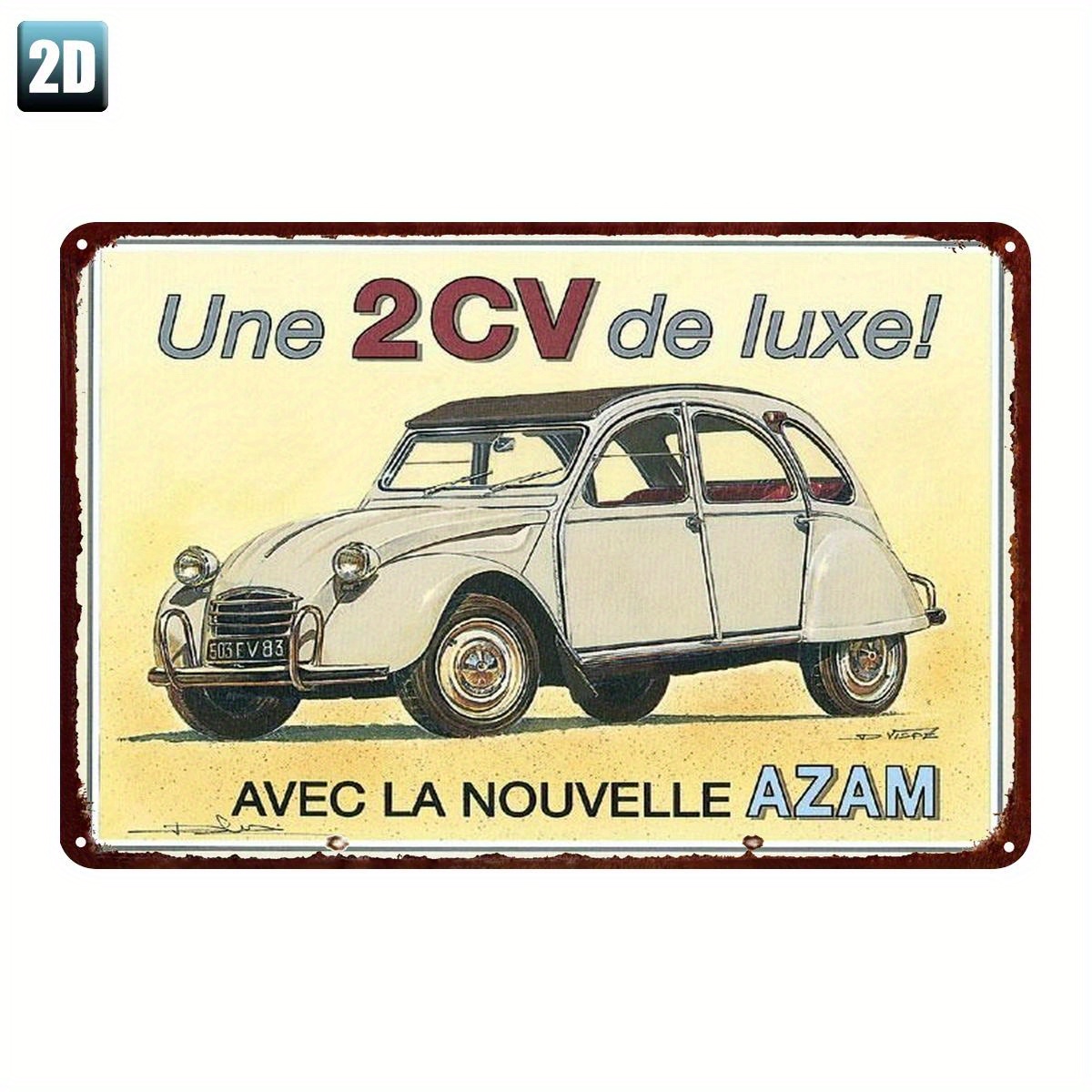 TEMU 2D Plat, Idéal pour Garages, Caves ou Bureaux à Domicile, Thème Voiture , Décoration de Pièce, Plan 2D - Logo Rétro "Une Voiture de Luxe 2CV" -