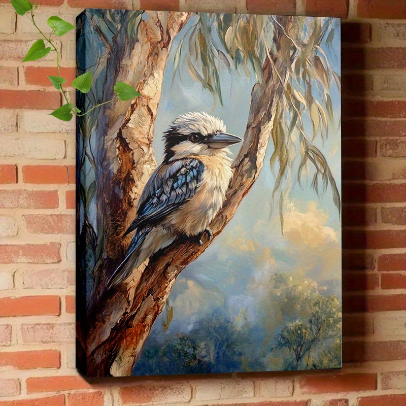 TEMU 2d Flat, 2d Flat, 1pc Framed Canvas Painting, "blue-winged Perched On Tree Branch With Eucalyptus Leaves" Xin / Xin Wrapped Solid Wood Frame