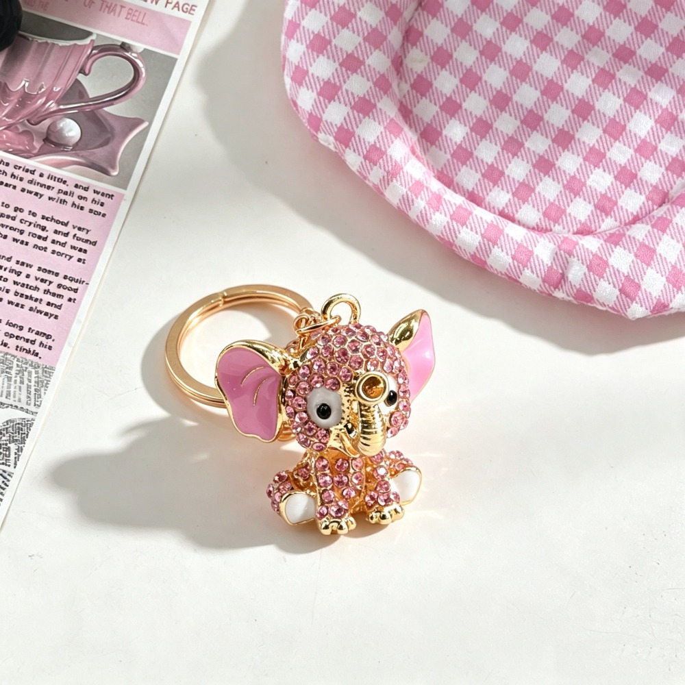 Image of Cute Pink Rhinestone Elephant Keychain Sparkly Rhinestone Animal Key Ring Charm Fashion Bag Pendant Gift For Women