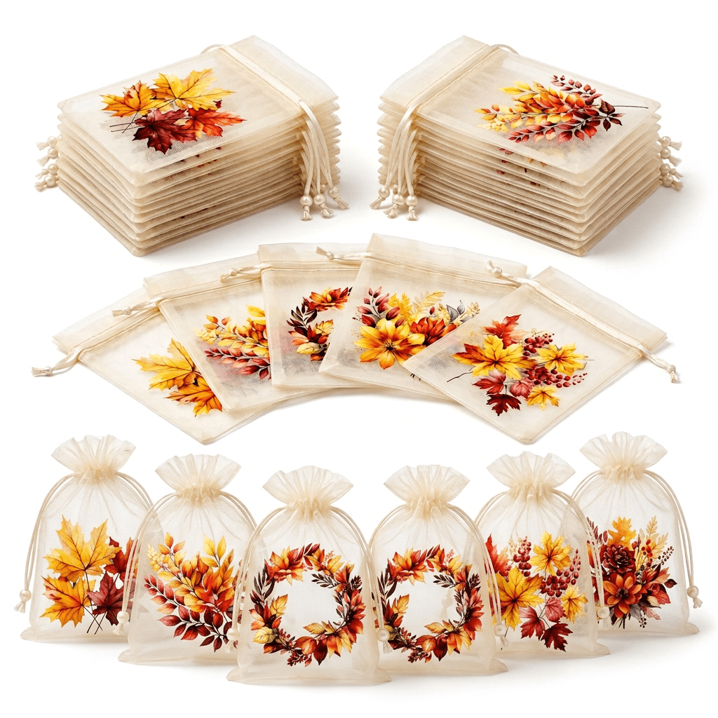 TEMU 24pcs Sacs Cadeaux en Organza d'Automne Couleurs Aléatoires, Sacs à Friandises à Cordon avec Feuilles d'Arbre de Miel, Cadeaux de Fête de