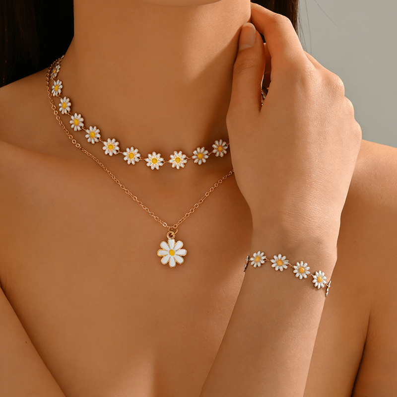 TEMU 2er-Set Sommerlicher Goldener Gänseblümchen-Kettenhalsband Armband Strandurlaub Pastorales Stil Weißes Elegantes Blumenarmband Halskette, Damen
