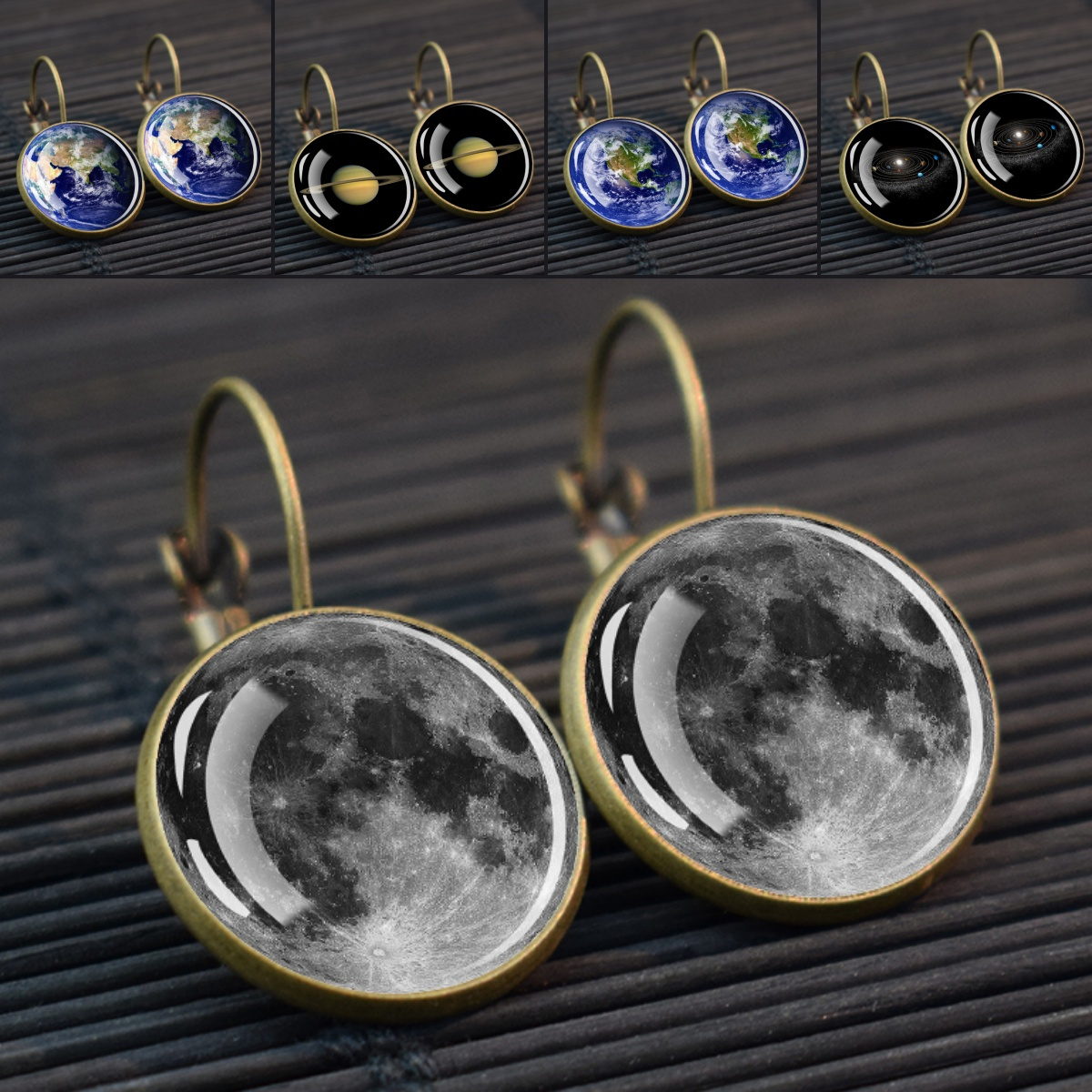 Retro Solar System Earrings Featuring Saturn, Moon, and Earth