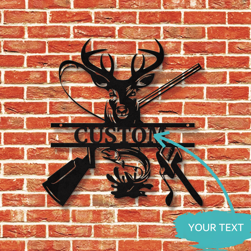 Customizable Classic Iron Wall Art Sign, Vintage Deer & Fish Design, Durable Metal Hanging Decor, Easy Install, with Personalized Text for Cabin, Lodge, Home