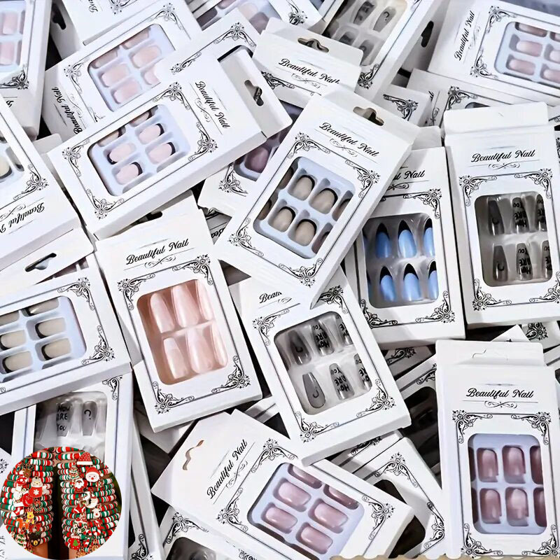 TEMU 96pcs (4sets) Press On Nails Stylish Shape Mixed Color Glossy Finish Middle Length Ideal For Women And Nail Art Essentials Look Embellishments