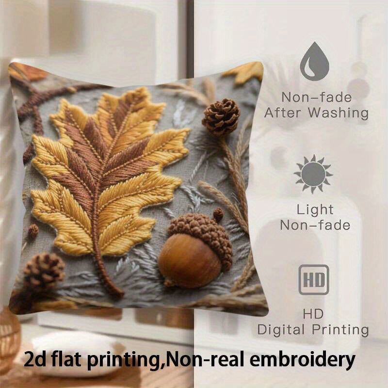 TEMU 2D Geprinte 2 stuks Decoratieve Kussensloop Eikblad, Dennenappel Enkele Zijde Print Kussenhoes Niet Geborduurd Rits Sluiting Machinewasbaar