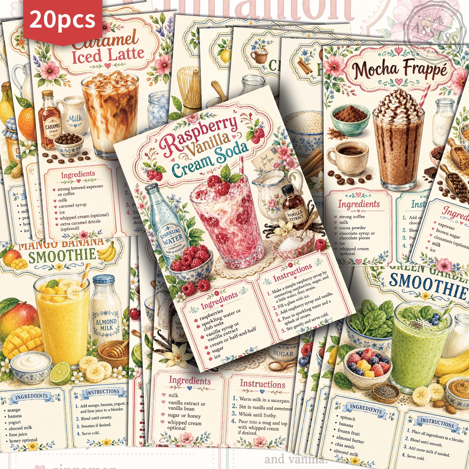 TEMU Lot de 20 cartes postales ASSTSS Vintage de recettes de boissons - 4X6 pouces, fournitures de journal rétro, illustrations classiques, cartes de