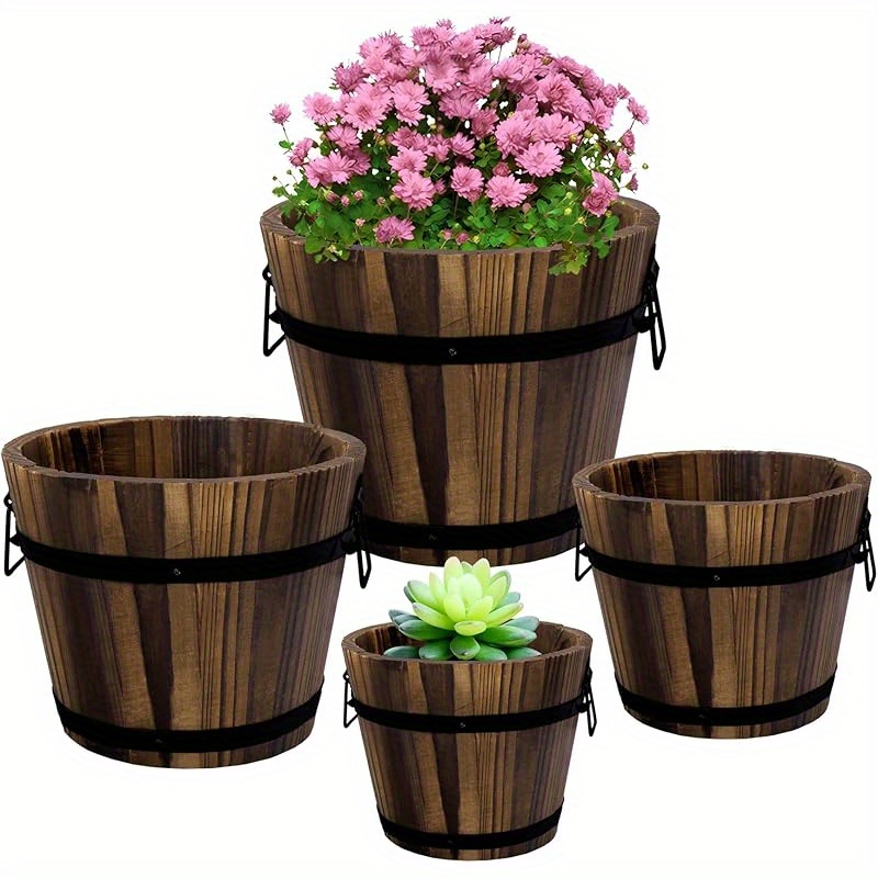 TEMU 4 Pack Wooden Whiskey Planters- 4 Sizes Wooden Bucket Garden Planters Set- Rustic Flower Planters Pots Container For Indoor Outdoor Garden Home