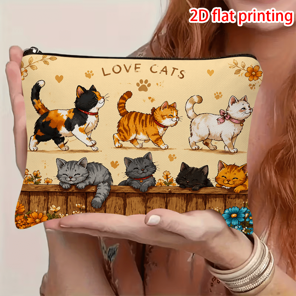 TEMU Trousse da donna con stampa piatta 2D a tema con gatto e - borsa portatile con chiusura a zip per viaggi, uso - Compatta, idea regalo per San,