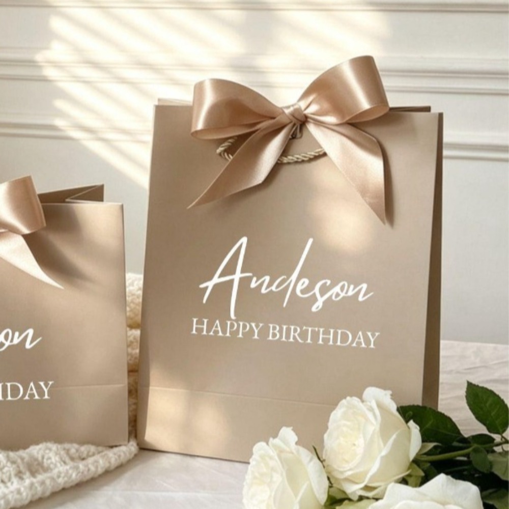 TEMU Gift For Her/him 1pc Custom Text Birthday Theme Hand Gift Bag With Champagne Golden Satin Bow, , Personalized Name And Text Printing, Suitable