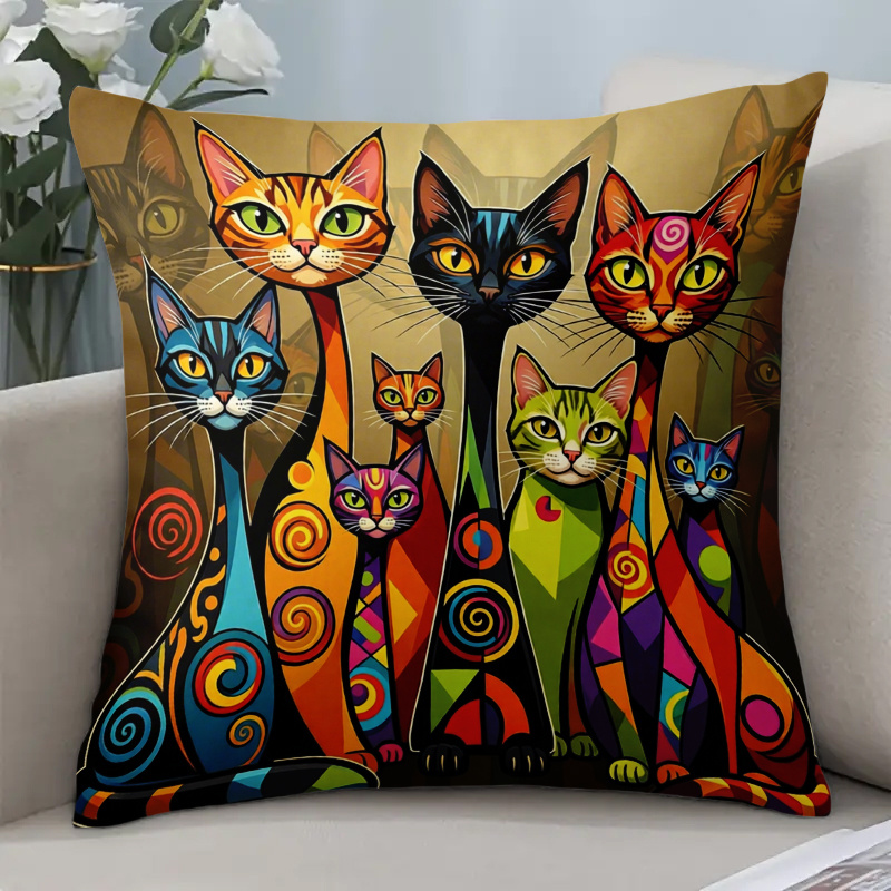 TEMU 1 Housse de coussin de chat colorée | Décoration d'art moderne , Pâques de printemps, Ramadan, 17.7 pouces X 17.7 pouces, Polyester, Impression