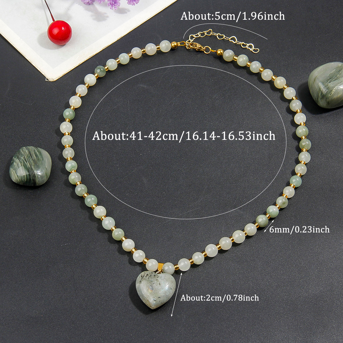 Natural Stone Beaded Necklace with Heart-shaped Stone Pendant