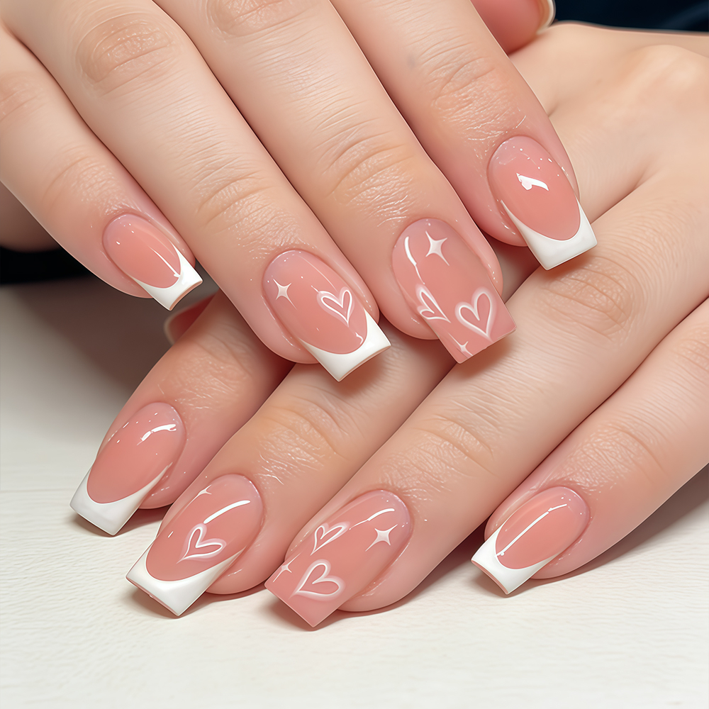 TEMU Montrez Votre Beauté 24pcs Faux Ongles Style Chinois Élégant Nude Brillant Blanc Lumineux Cœur Étoile Rayé Faux Ongles Tendance à Tous les Looks