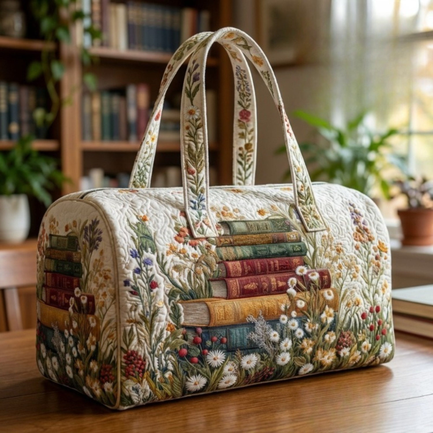 TEMU Women' Bohemian Quilted Bookshelf Floral Tote Bag - Vintage Suitable For Travel, Gym, Picnic & Shopping, Machine Washable Handbag With Bright ,