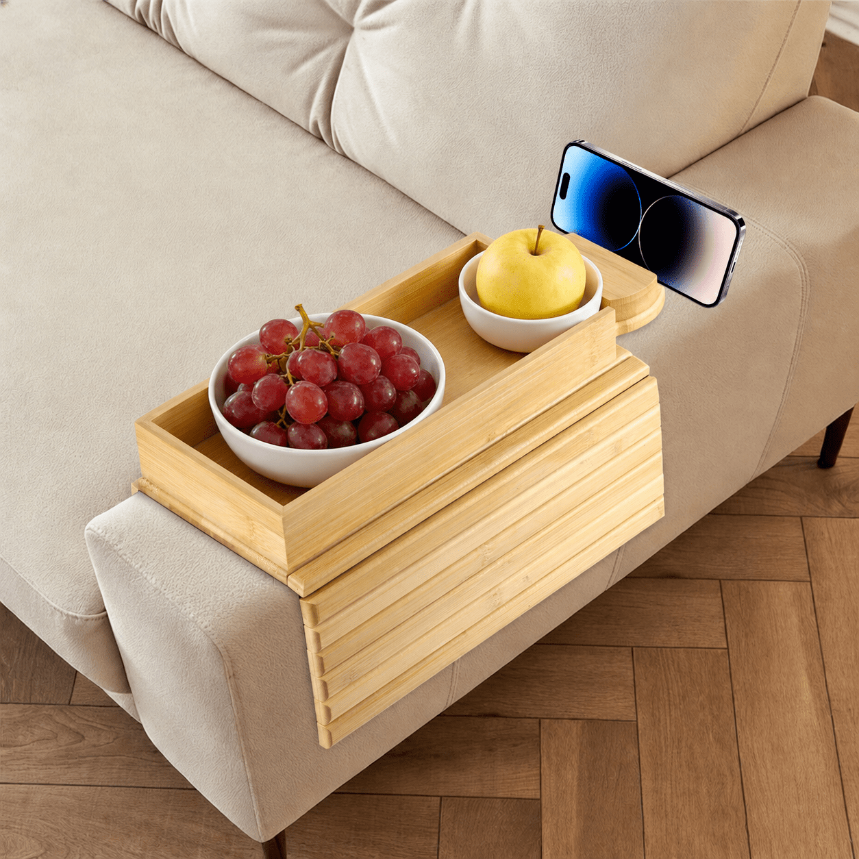 Sofa Arm Tray, Foldable Sofa Armrest Table, 360° Rotating Phone Holder, Portable Sofa Armrest Tray Cup Holder, Can Hold Drinks, Cups, Mobile Phones, Snacks, Remote Control