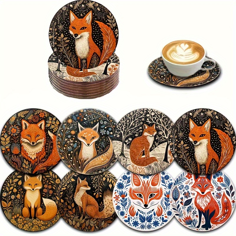 TEMU 8pcs Bohemian Fox Coasters Set, Featuring Fox Designs, Vintage Wooden Coasters Suitable For Cars, Tea Cups, Coffee, And Drink Mugs, Perfect For