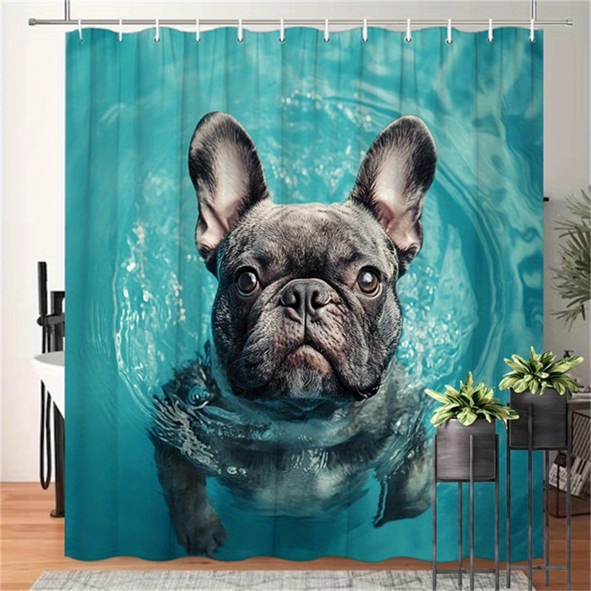 TEMU 1pc French Bulldog In Water Shower Curtain Photograph Of Small Dark Gray French Bulldog Swimming In Clear Turquoise Water And Design Polyester