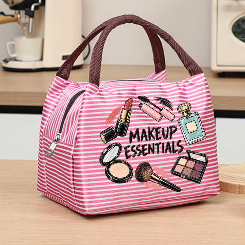TEMU Sweet Cool Makeup Item Print Striped Women's Handbag, Contrast With Aura, Woven Handle Soft And Light, Smooth Metal Zipper With 3d Sturdy Shape,