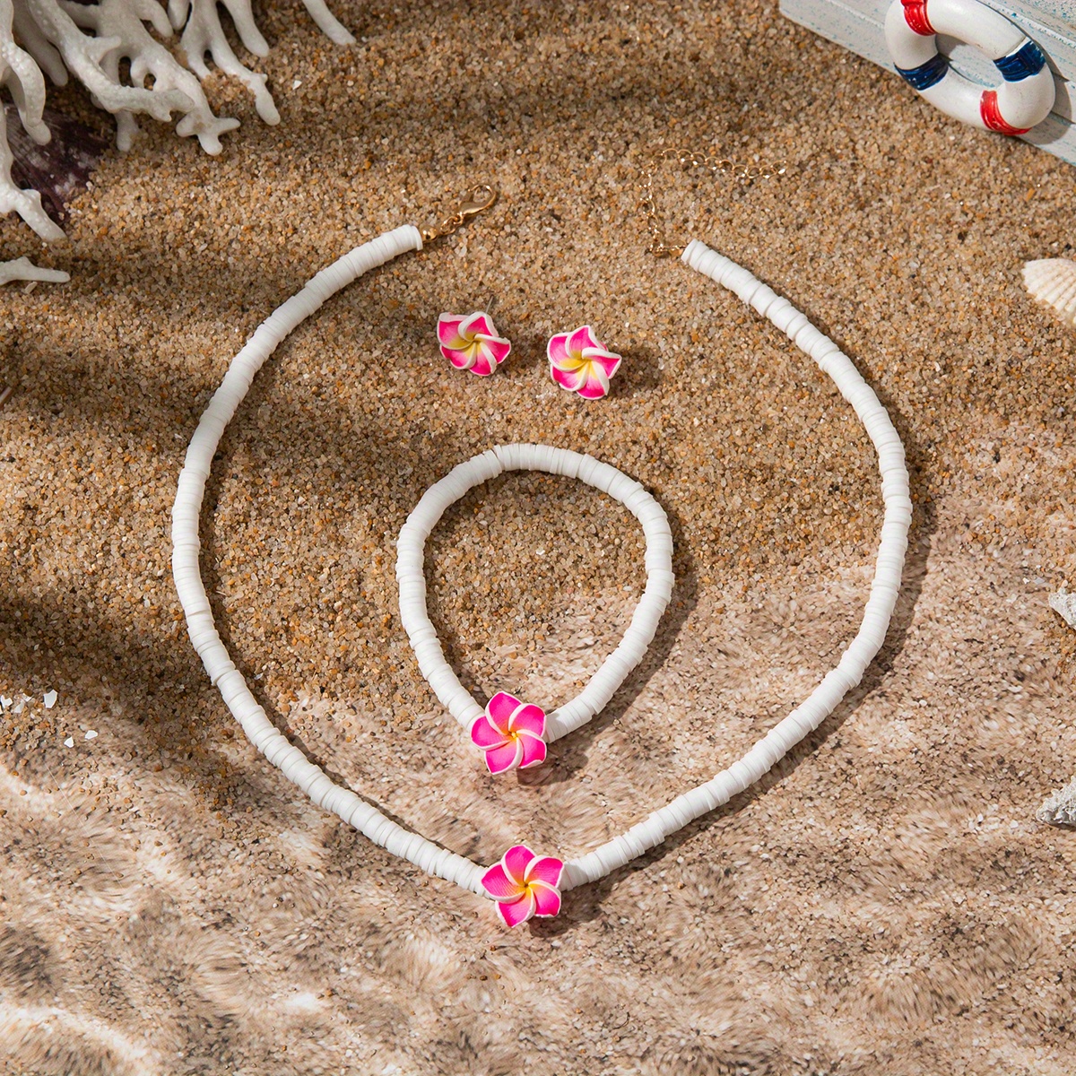 TEMU Set di gioielli da donna in stile nautico, 3 pezzi/set, con collana e orecchini con uovo di ceramica e fiori, come souvenir per le vacanze in