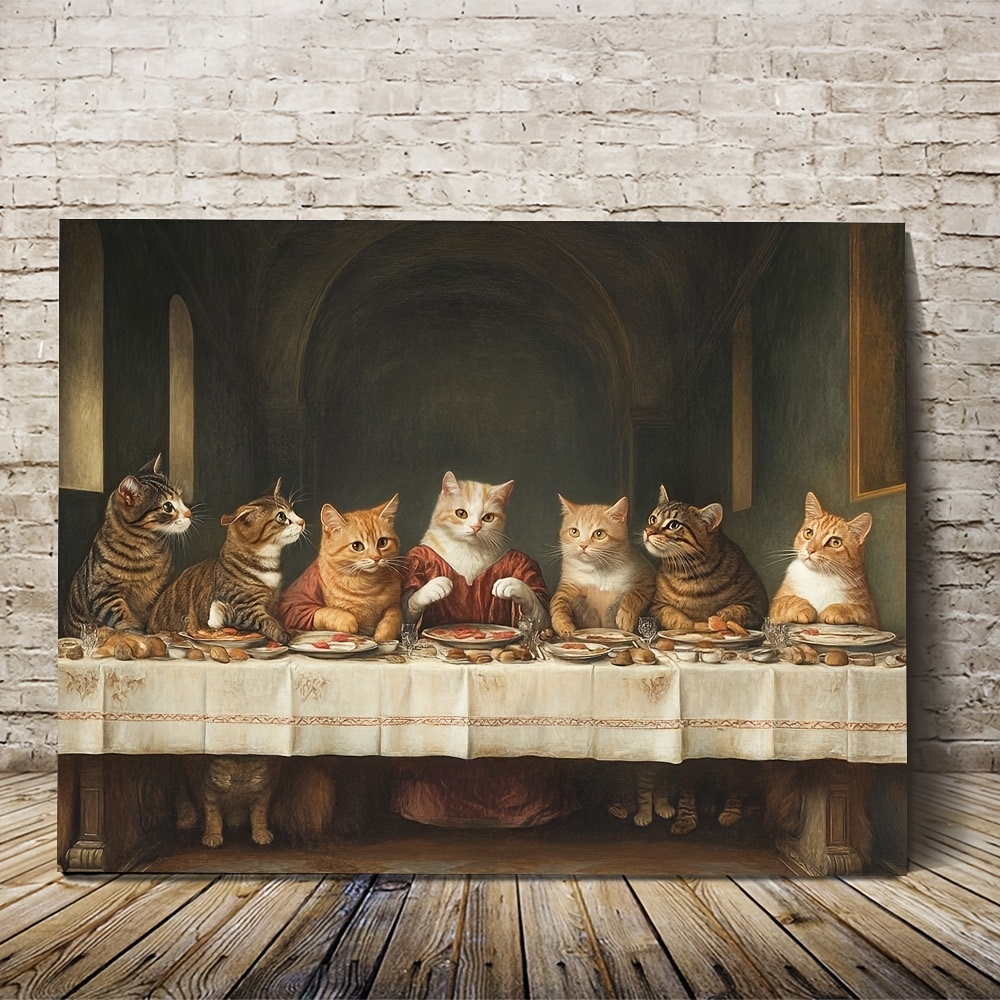 TEMU 2d Flat, 2d Flat, 1pc 2d Flat Wrapped Wooden Decorative Art, Featuring A Cat-themed Interpretation Of Leonardo 's Last Supper, Ideal For