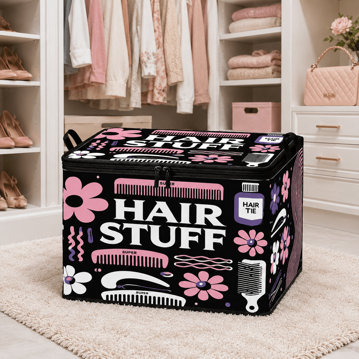 TEMU 1pc Large Foldable Zippered Storage Box With Hair-themed Print Suitable For Travel, Wardrobe & Moving Storage, Non- Octagonal With Zipper