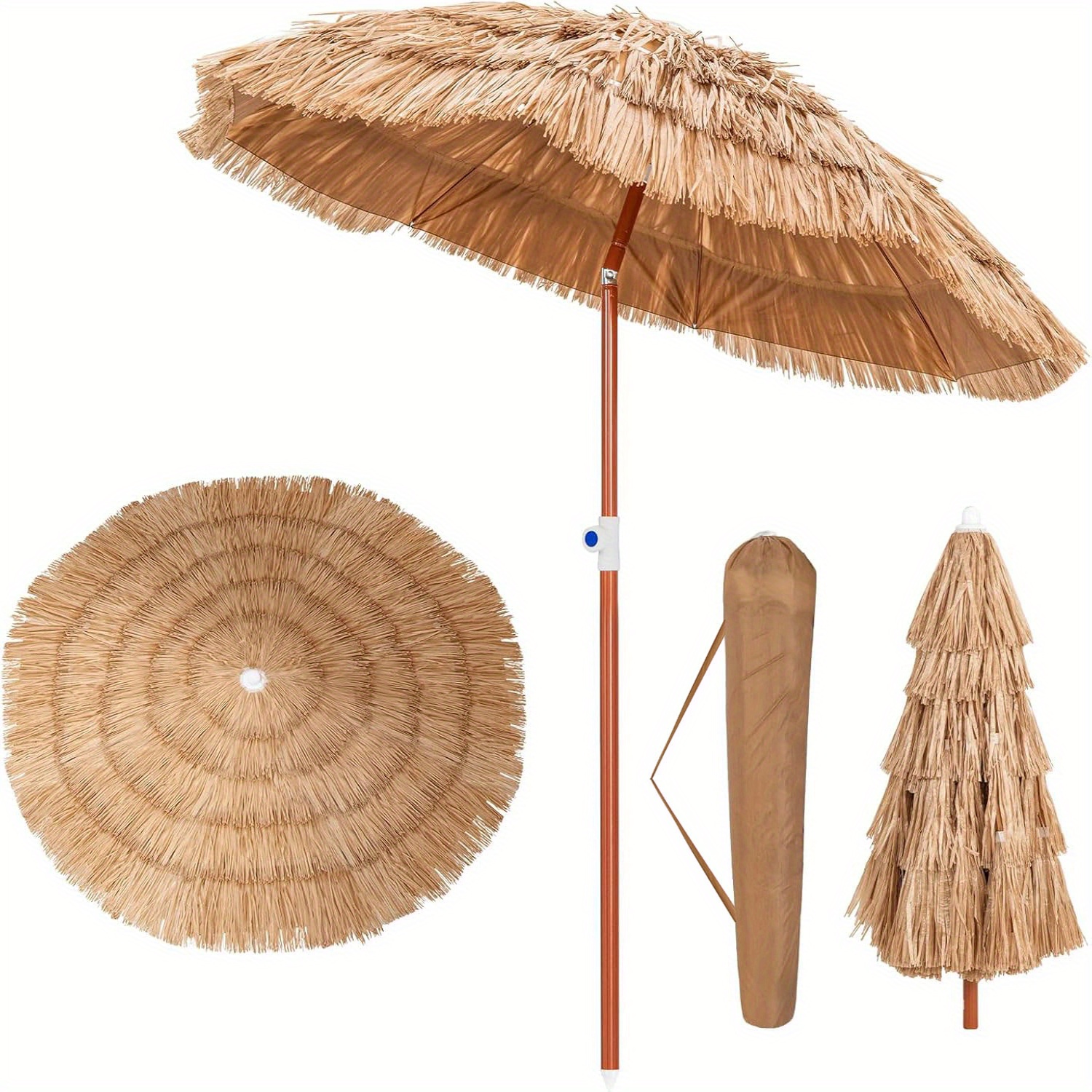 Image of 6ft Thatched Patio Umbrella, Height Adjustable Hawaiian Style Beach Umbrella W/ Carrying Bag