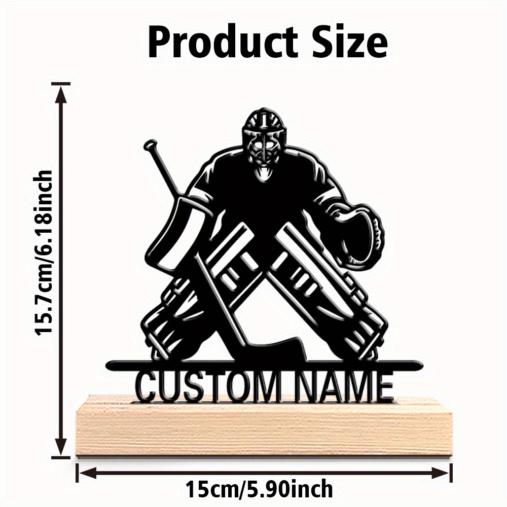 TEMU 1pc Statue de de but de hockey personnalisable en métal avec base en bois - Décoration de Déco, option de nom personnalisé, parfait pour les