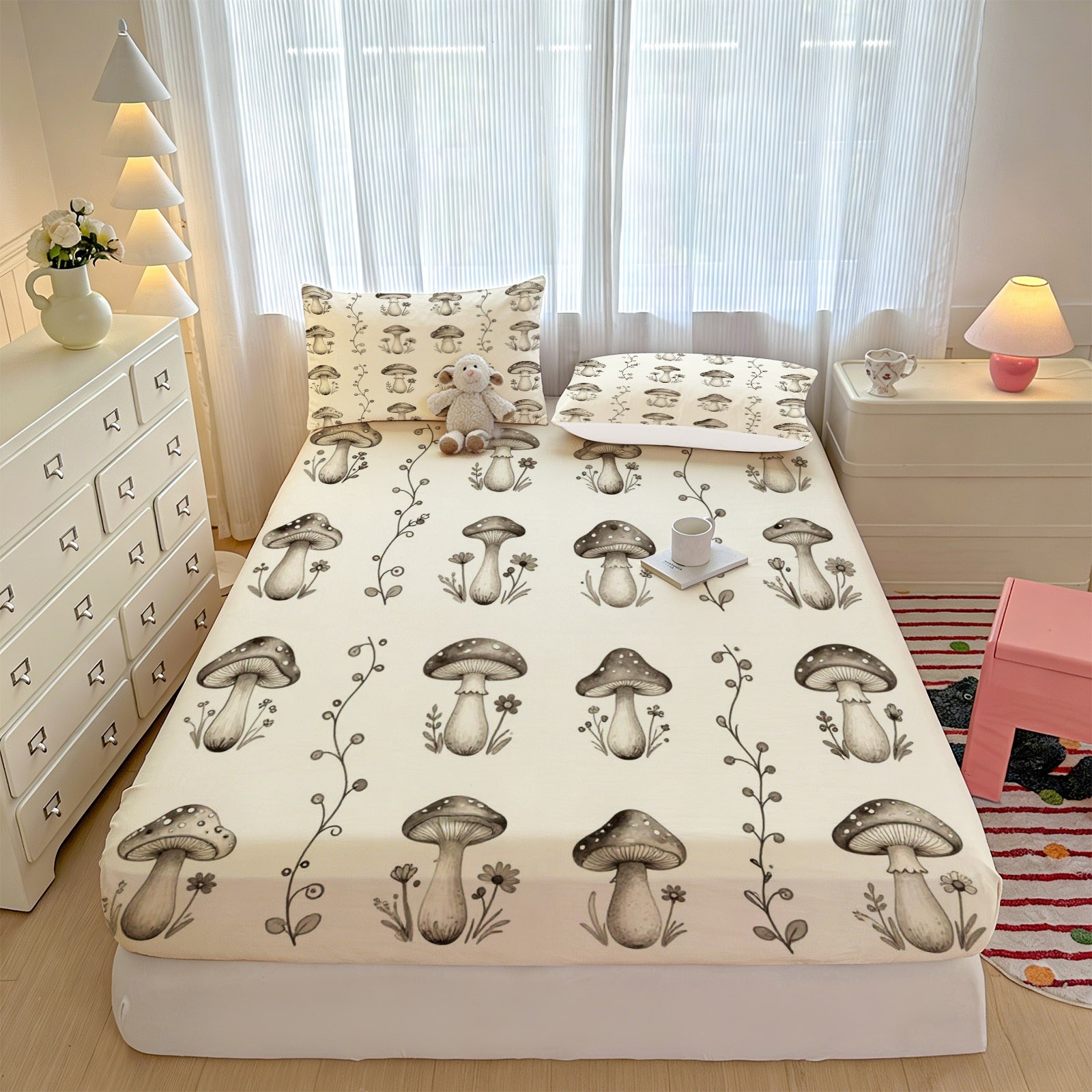 3pcs fitted sheet set 1 fitted sheet and 2 pillowcases no filling vintage   mushroom and botanical vine print soft breathable bedding with multiple sizes ideal minimalist family gift for holiday and  