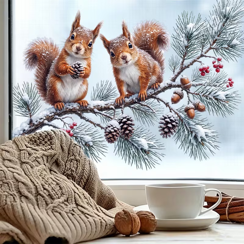 TEMU Window Stickers Winter Cute Red Squirrel Pine Cone Berries Snow Branch Window Decals, Double-sided , No Glue No Residue Stickers, Suitable For