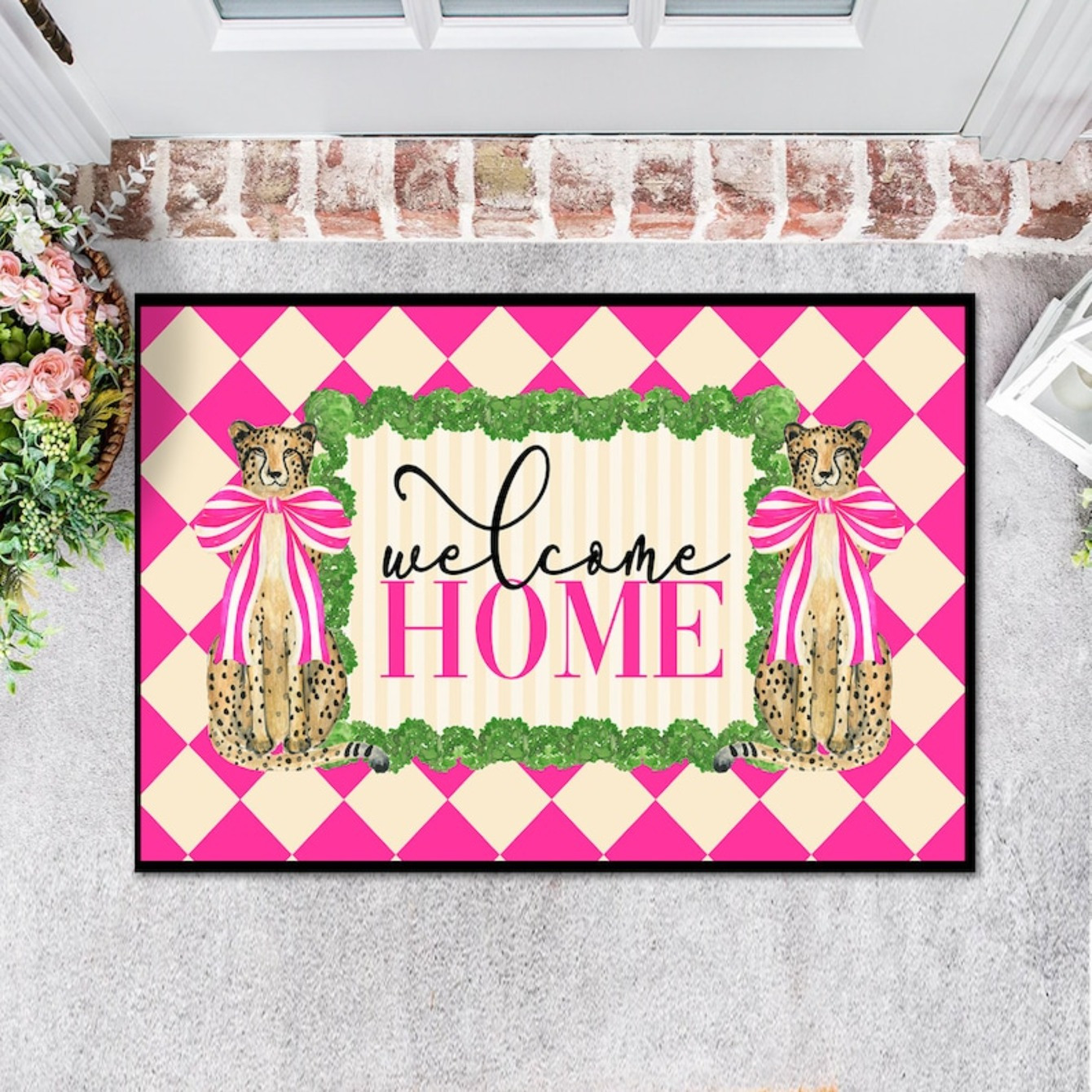 

1pc Chinoiserie Leopard Welcome Home Door Mat - Non-woven Fabric With Rubber Backing, Preppy Pink Design, Hand Washable, Ideal For Indoor/outdoor Use, Perfect Housewarming Gift