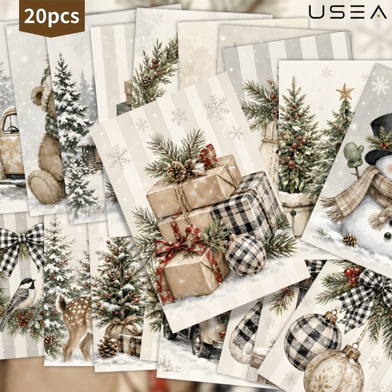 TEMU 20pcs Vintage Christmas Postcard Set Aesthetic Postcards Assortment With Snowman Deer Pine Design For Mailing Wall Decor Scrapbooking Christmas