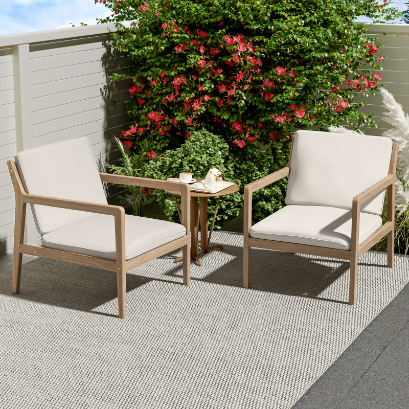 Set of 2 Acacia Wood Armchairs | Light Teak Patio Club Chairs with Painted Frame, PVC Material