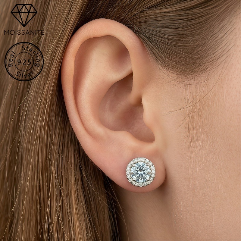 Women's Light Blue Round Moissanite Stud Earrings, Wedding Gift