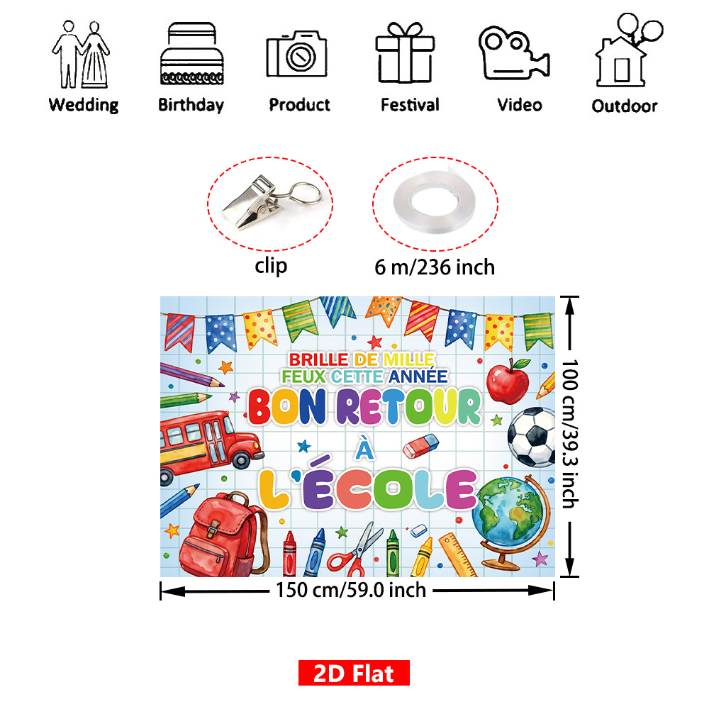 TEMU Plat 2D, 1 pièce Bannière française de pour la rentrée scolaire - Décoration en langue française avec drapeaux de papeterie colorés, panneau