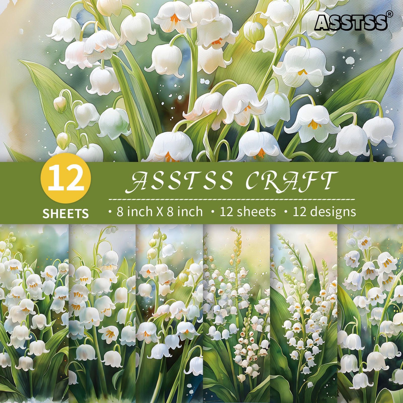 TEMU 12-sheet Asstss Heavyweight Scrapbooking Paper Pad Suitable For Journaling, Collage Art, Greeting Cards - 8"x8" Watercolor Lily Of The Valley