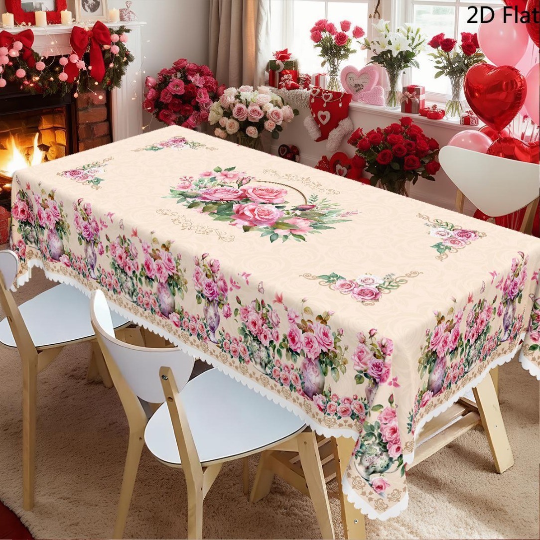 TEMU 2d Flat Tablecloth, 1pc, Valentine's Day Mother's Day Themed Tablecloth, Spring- Pattern Tablecloth, Embossed Edge , Suitable For Daily Home