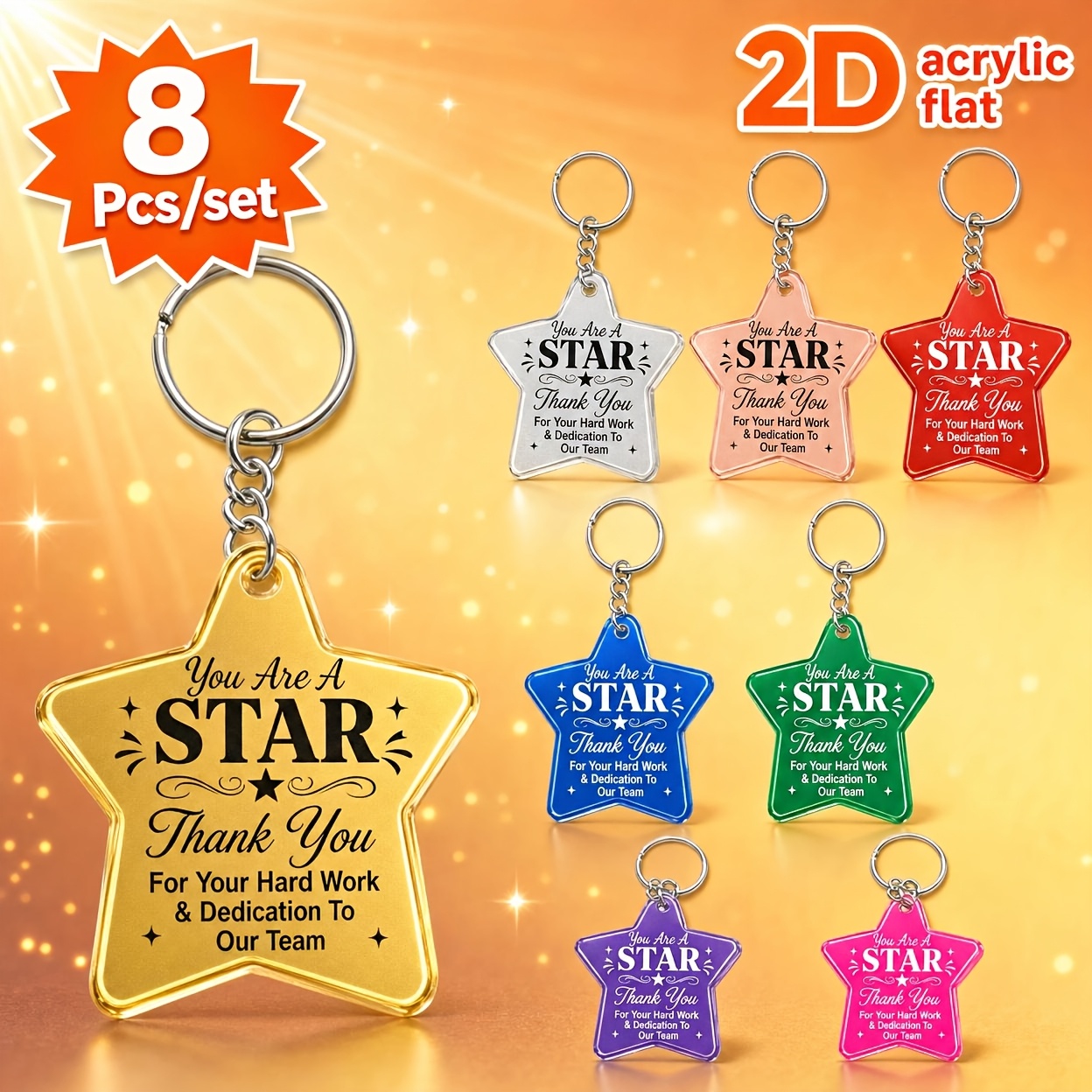 TEMU 2d Flat - [2d Flat] 8pcs Set Of Colorful Star Acrylic Keychains "you Are A " For Employee Recognition And Team Appreciation Gifts, 2d Flat