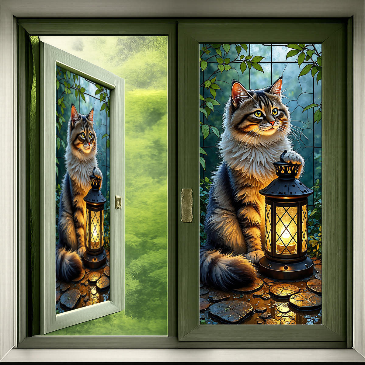 TEMU 1pc Dienalls Static Cling Window Film - Cat With Lantern Design, Frosted Pvc Sticker For Bathroom Kitchen Office Decor, Non-adhesive Stained