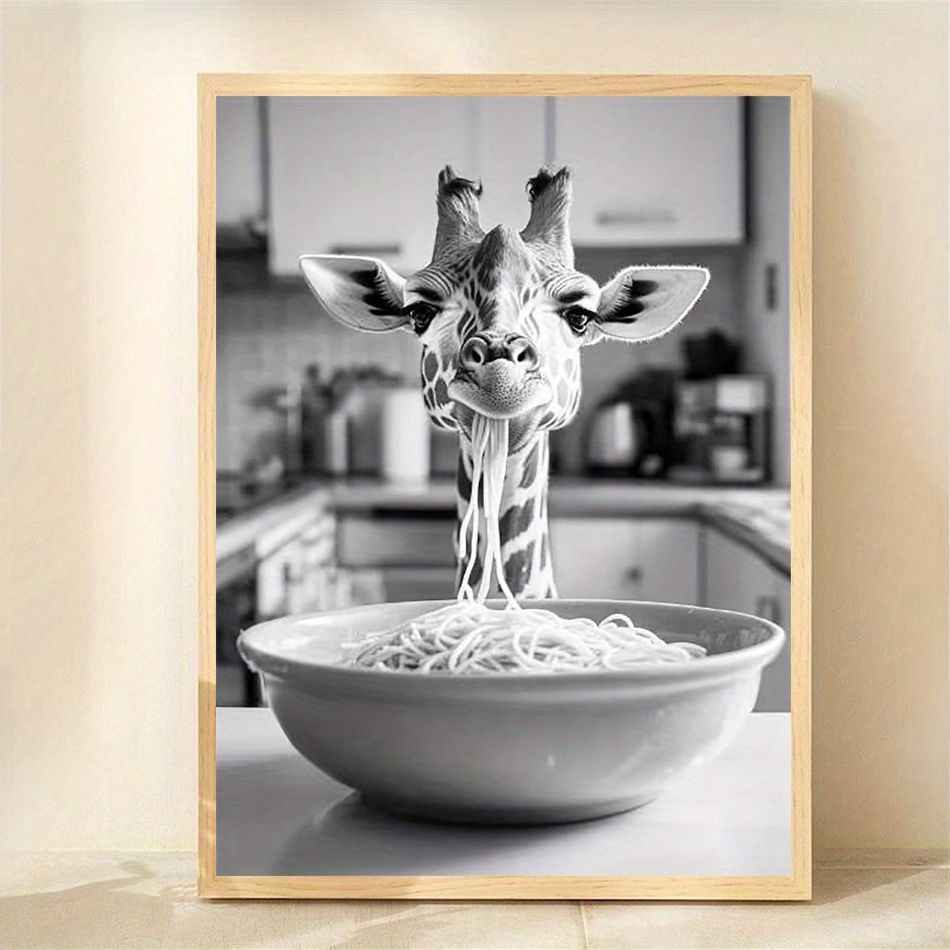 E-shop 2D Flach, 1 Stück Ungerahmter Schwarz-Weißer Spaghetti-Essender-Giraffen-Küchenkunstdruck 12x16 Zoll - Verspielte Tierillustration Leinwand
