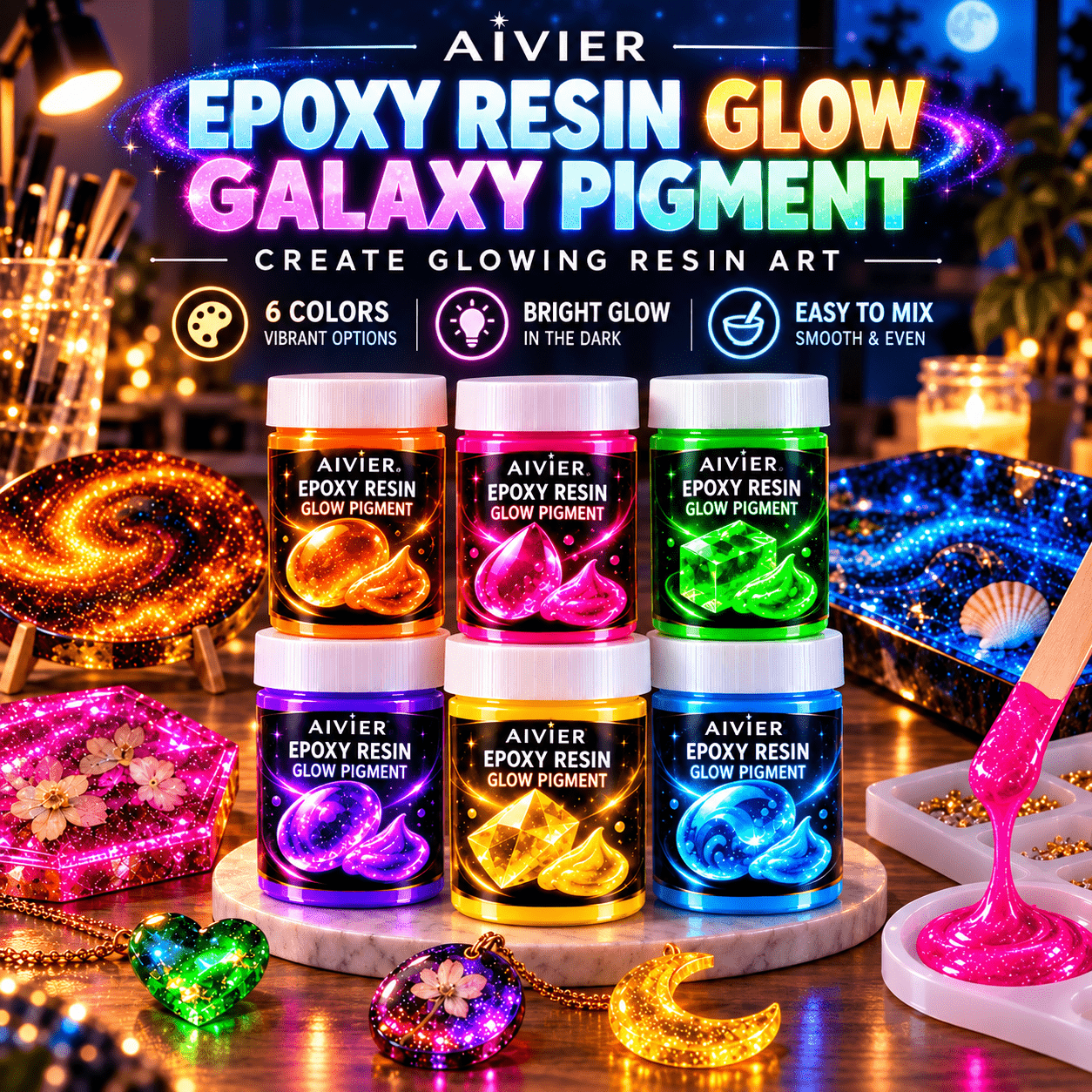 TEMU 6pcs Epoxy Resin Glow Pigment & Colorant - Powder Suitable For Resin Jewelry Making, Galaxy Shimmer For Diy Crafts, Coasters, Trays, Molds,