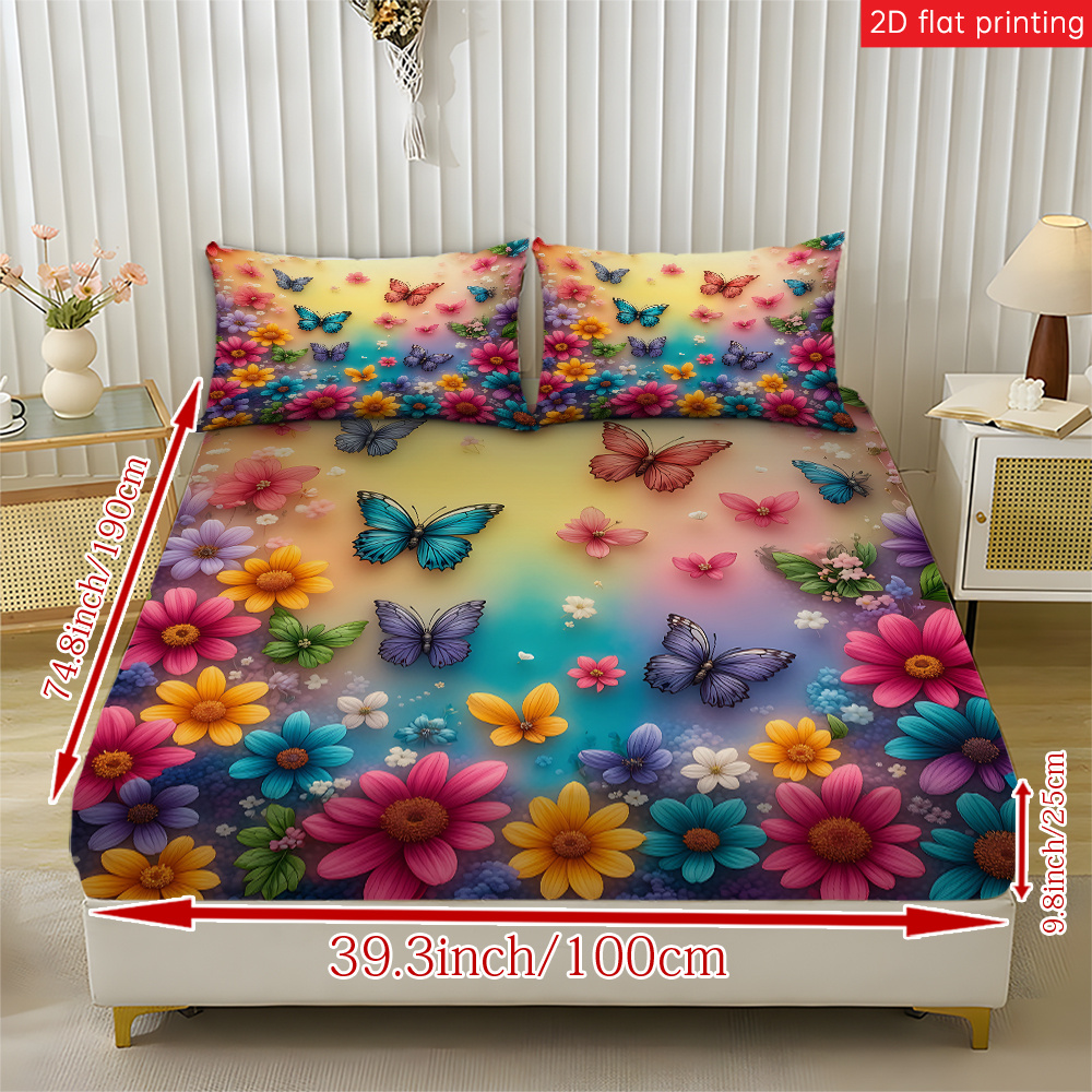 3pcs Flower Bed Sheet Set Fitted Sheet Bedding, 3pcs Mattress Protector (1pc*fitted Sheet + 2pc*pillowcase, ) Soft And Breathable Bed Sheet Bedding, Suitable For Home Bedroom And , Suitable For