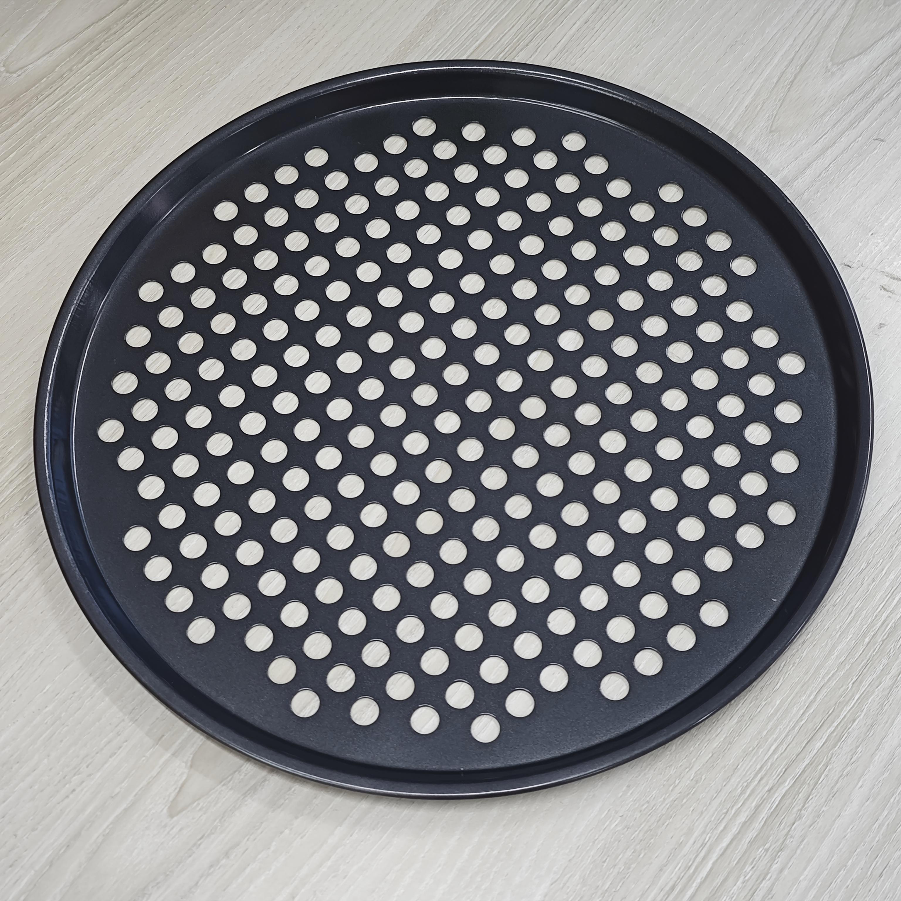 TEMU Commercial-grade Heavy-duty Carbon Steel Pizza Baking Tray - Large Round Shape With Drainage Holes, Suitable For Cooking, Ovens, Grilling, And
