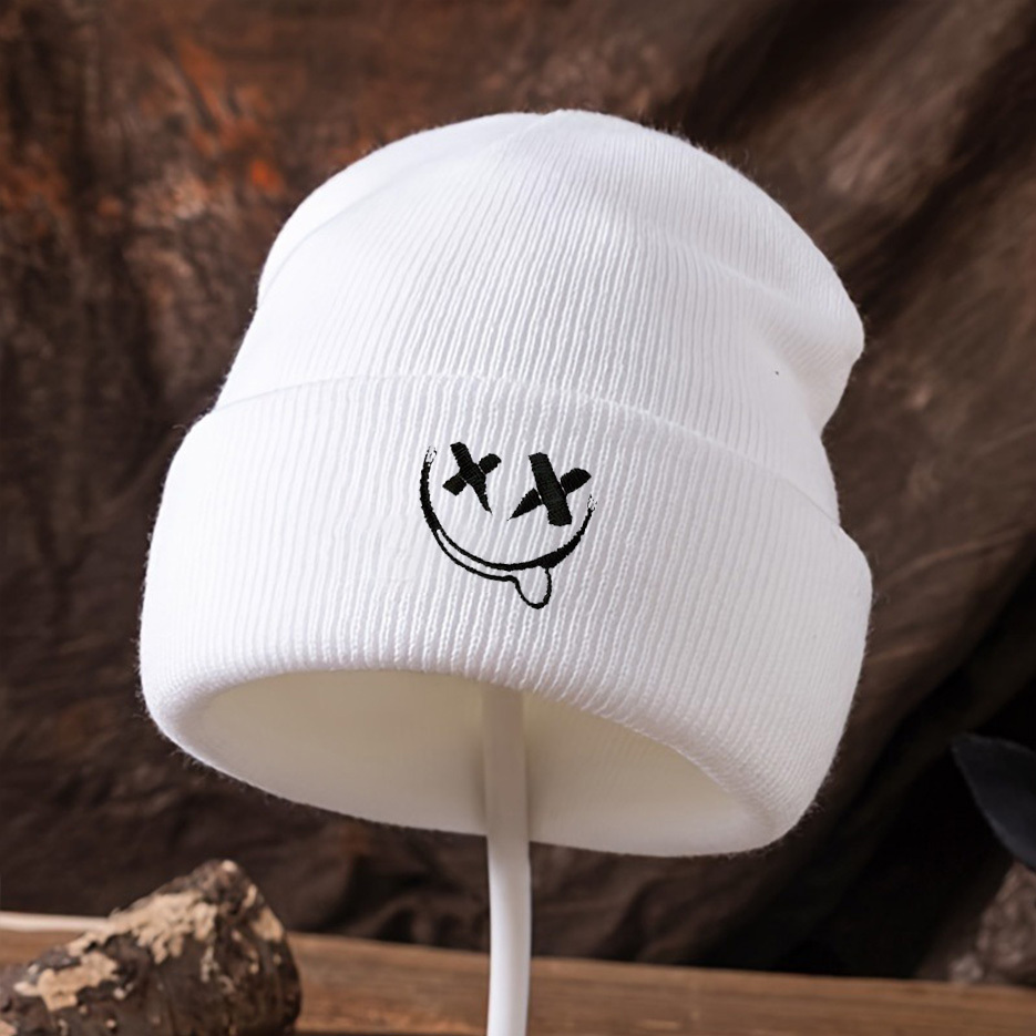 TEMU 1pc Knitted Beanie With Cuff, Cold Weather Hat, Face, Cross, White, Black, Fashionable And Versatile For Autumn/winter, 100% Acrylic, Hand